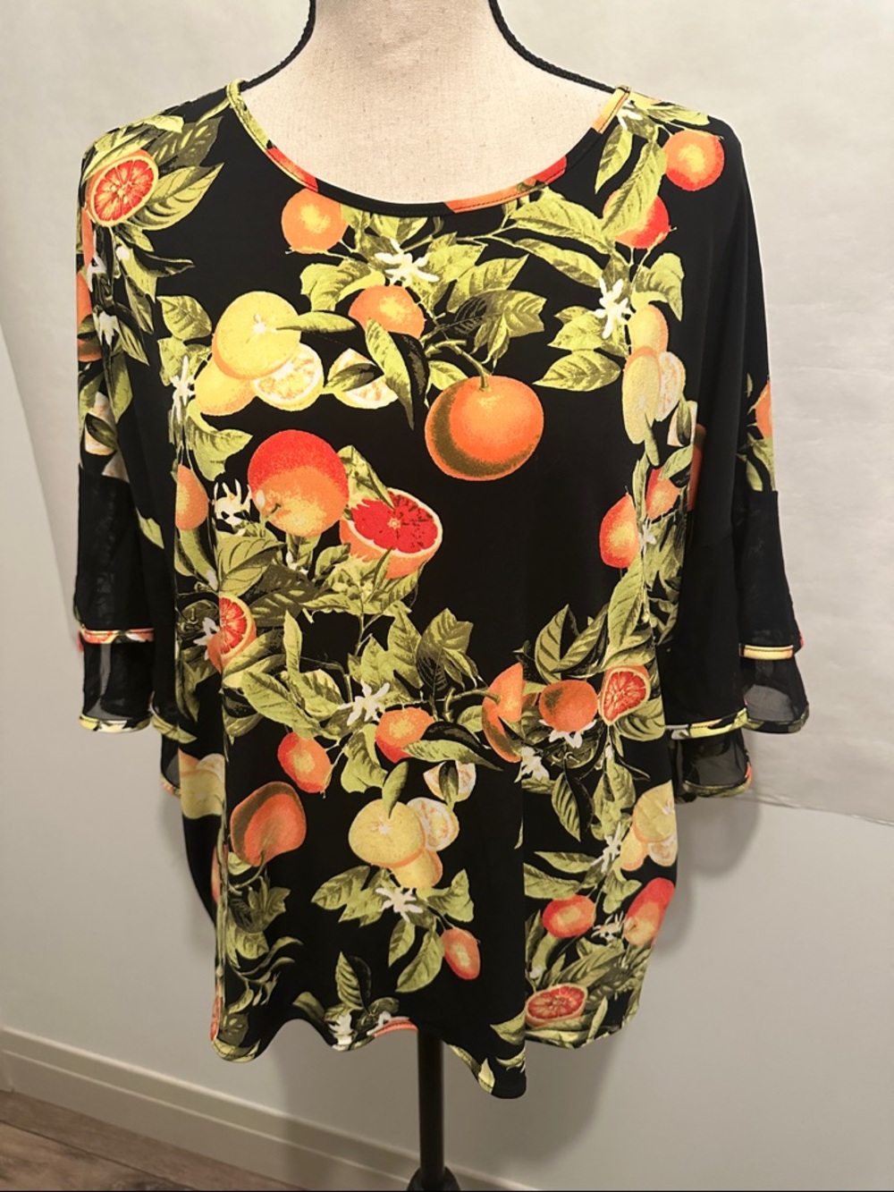 Joseph Ribkoff Black Citrus-Print Tunic Orange & Green Botanical Mesh Sleeves - Picture 2 of 8